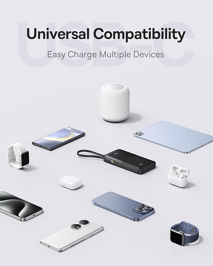 Baseus Portable Charger, 10000mAh Fast Charging Power Bank, 22.5W PD3.0 QC3.0 Battery Pack Built-in USB C Braided Cable, Travel Essentials for iPhone 17 16 15, iPad, S25/S24, Indoor/Outdoor