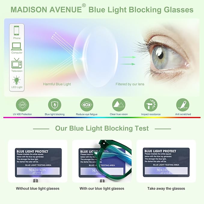 Madison Avenue Blue Light Blocking Glasses Oversized Fashion Blue Light Glasses for Women Anti Eyestrain & UV Protection Computer Eyeglasses (Green)
