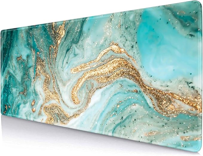 Large Mouse Pad, Extended Gaming Mousepad with Stitched Edges Rubber Base, Modern Teal Keyboard Mouse Mat Desk Pad for Work, Office, Home, 31.5 X 11.8 Inch - Green & Gold Marble Texture Art
