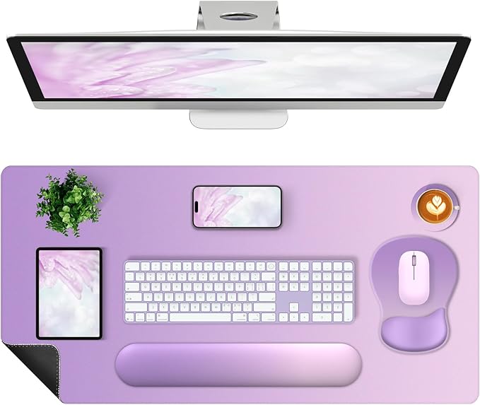 4-in-1 Large Gaming Mouse Pad, Keyboard Wrist Rest Pad & Wrist Support Mousepad Set, Extended Desk Pad Waterproof Desk Mat for Home Office Decor Study Game 35.4×15.7 Inches I Purple Pink Lavender