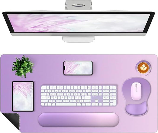 4-in-1 Large Gaming Mouse Pad, Keyboard Wrist Rest Pad & Wrist Support Mousepad Set, Extended Desk Pad Waterproof Desk Mat for Home Office Decor Study Game 35.4×15.7 Inches I Purple Pink Lavender
