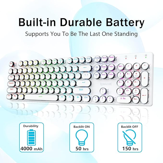 Redragon K710 Wireless Typewriter Mechanical Gaming Keyboard, Bluetooth/2.4Ghz/Wired, RGB LED Backlit, Blue Switch - Clicky, Rechargeable, Solid Metal Panel, Round Keycaps, White