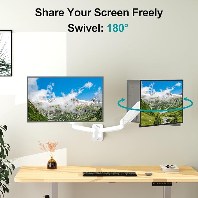 MOUNT PRO Dual Monitor Wall Mount for 13 to 32 Inch Computer Screens, Gas Spring Wall Monitor Arm for 2 Monitors, Each Holds Up to 19.8lbs, Adjustable Wall Monitor Mount with VESA 75x75/100x100, White