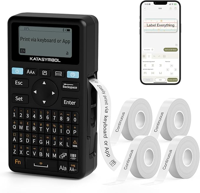SUPVAN E11 Bluetooth Label Maker Machine with 4 Tapes, Support Keyboard & App with 30+ Fonts and 660+ Icons, Rechargeable Inkless Labeler for Home, Kitchen, Office, School, Organization, Black