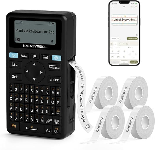 SUPVAN E11 Bluetooth Label Maker Machine with 4 Tapes, Support Keyboard & App with 30+ Fonts and 660+ Icons, Rechargeable Inkless Labeler for Home, Kitchen, Office, School, Organization, Black