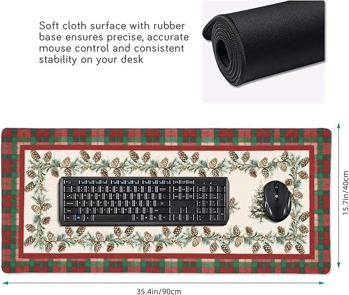 Christmas Tree Plaid XXL Desk Mat - Large Mouse Pad with Anti-Slip Base & Stitched Edges for Women, Festive Desk Pad for Computer, Keyboard and Home Office
