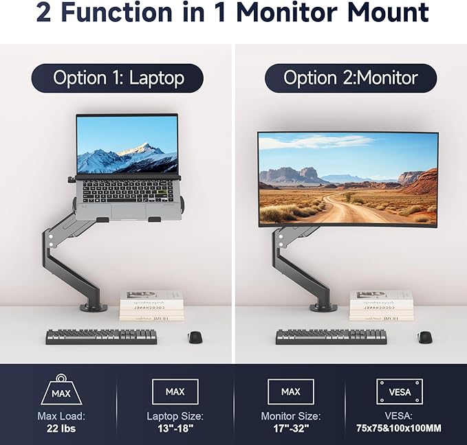 Suptek Laptop Desk Mount,Fully Adjustable Monitor and Laptop Mount Stand for 13-18 Inch Notebook and 17-32 inch Monitor Screen,Holds 22lbs with Vented Tray
