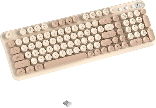 Wireless Bluetooth Keyboard - Full Size Retro Round Typewriter Style Wireless Keyboard with 2.4GHz & Bluetooth Dual-Mode Compatibility for PC, Laptop, Windows, Mac, and More (Milk Tea)
