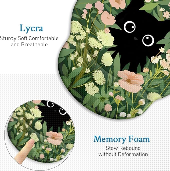 Blusabaca Ergonomic Mouse Pad with Wrist Rest, Flower Cat Mouse Pads Wrist Support for Desk, Cute Funny Mousepad for Wireless Mouse Gaming Laptop Work Home Desk Accessories Office Supplies Decor