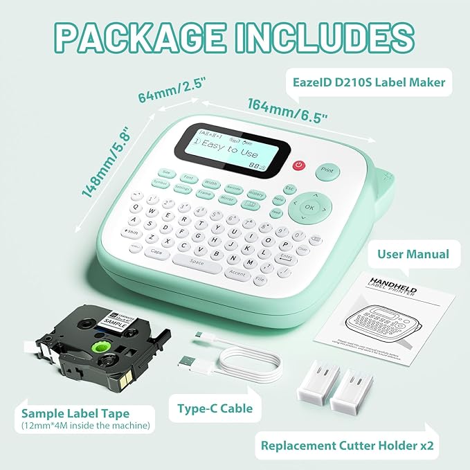 Label Maker Waterproof-Labels, Desktop Label Maker for Kids, D210S Handheld Labeler Machine with Tape-12mm 0.47 Laminated White, Multiple Symbols for Home Office School Kids Teachers Gifts