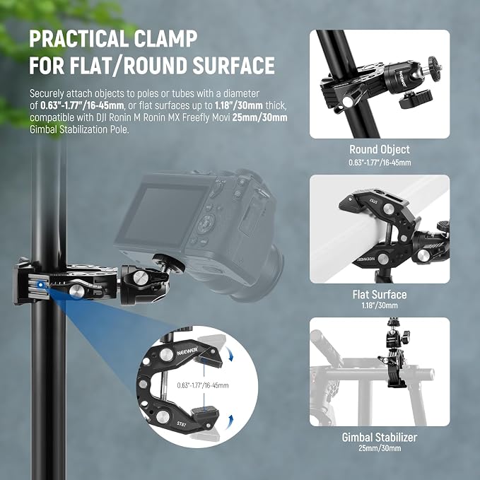 Neewer Super Clamp with Ballhead, Cold Shoe, Phone Holder and Action Camera Mount Adapter for Flat/Round Surface Compatible with GoPro DJI iPhone 15 Pro Max, ST87 - Image 3