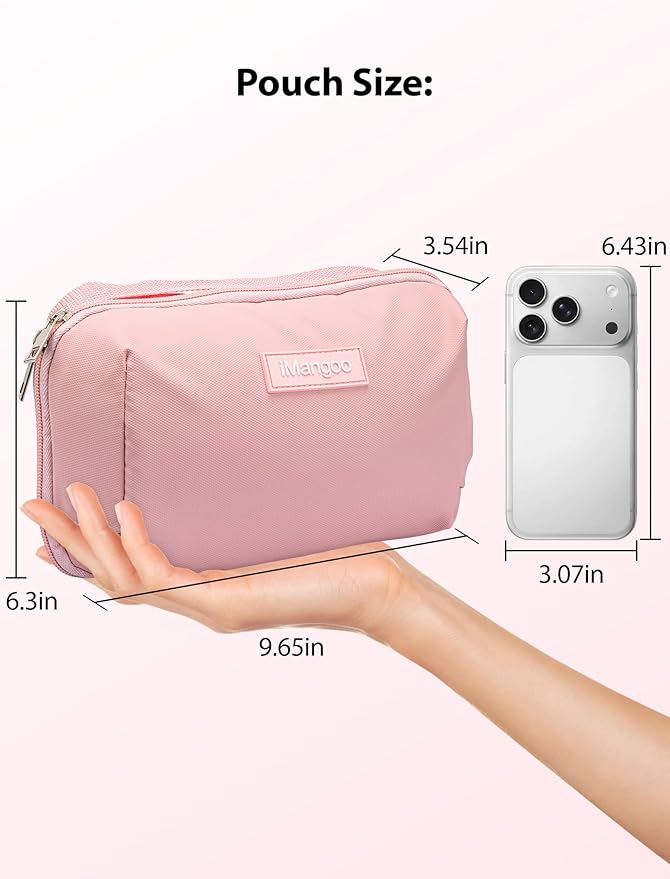 iMangoo Tech Organizer Travel Case 150° Open Large Storage Pouch Purse for Women Zipper Waterproof Bag Power Bank Portable Charger Cable Cord Electronics Accessories Trip Travel Essentials Bags Pink