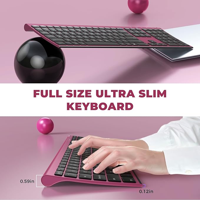 Rechargeable Wireless Keyboard and Mouse Combo, Vssoplor 2.4GHz Ultra Quiet & Slim Full Size Keyboard with 3-Level DPI Mouse for Windows PC Laptop, Black and Wine Red