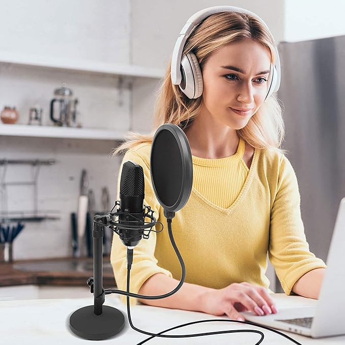 USB Microphone Podcast Recording Kit - Audio Cardioid Condenser Mic w/Desktop Stand and Pop Filter - for Gaming PS4, Streaming, Podcasting, Studio, YouTube, Works w/Windows Mac PC - Pyle PDMIKT120