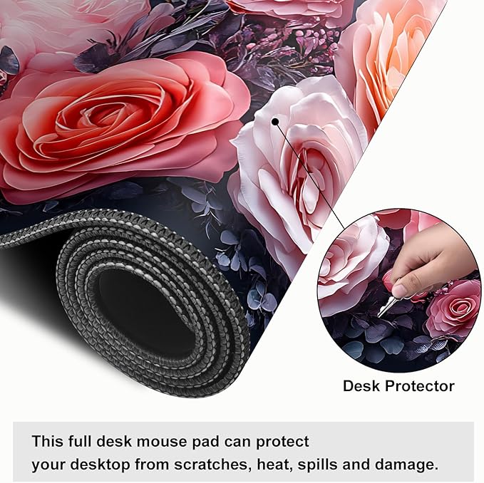Mouse Pad, Large Anti-Slip with Stitched Edges Desk Mat Desktop Laptop Computer Desk Keyboard Mat,Table Protector Blotter Mat (Pink Flower, 35.4" x 15.7")