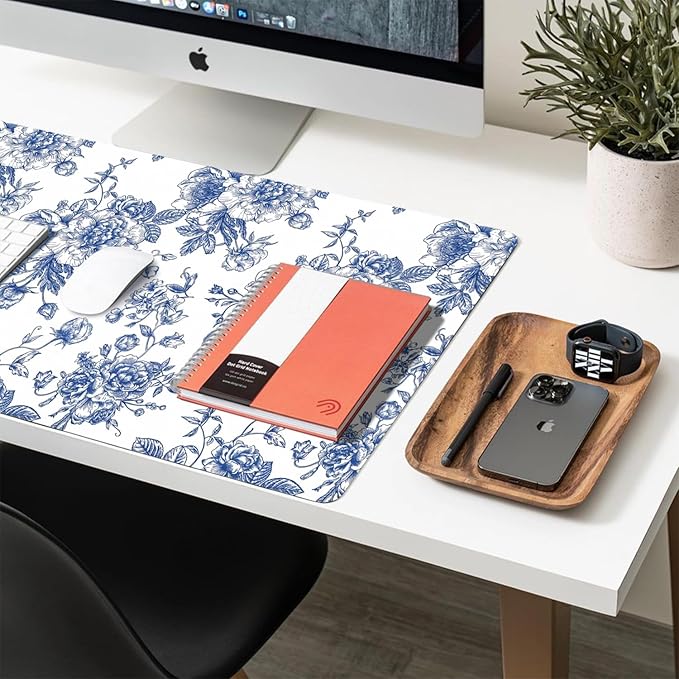 Large Mouse Pad, Chinoiserie Blue Floral Desk Mat for Desktop, Women Girls Flowers PU Leather Waterproof Desk Pad, Computer PC Laptop Protector Gaming Mouse Pads for School Office Home (23.6" x 11.8")