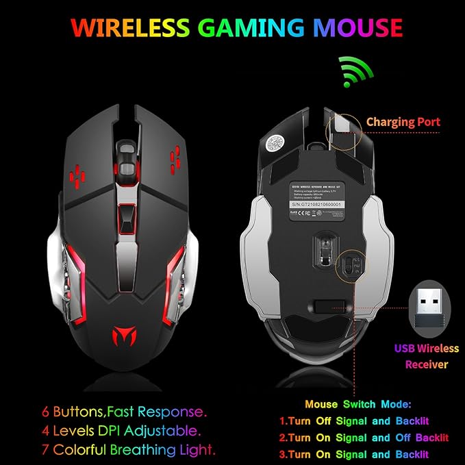 Wireless RGB Gaming Keyboard and Mouse - Rechargeable RGB Backlit,Long Battery Life,Mechanical Feel,7 Color Gaming Mouse for PC Game and Work