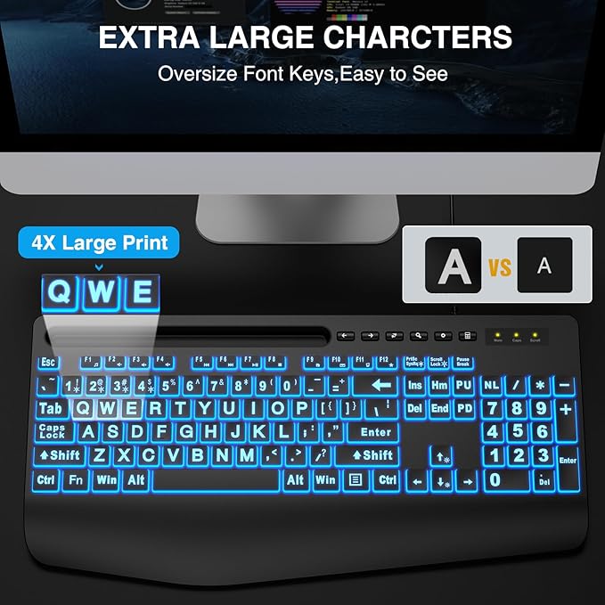 SABLUTE K21 Pro Large Print Backlit Keyboard, Wired USB Computer Keyboards with 7-Colors Backlight, Wrist Rest, Phone Holder, Oversized Letter Keys Easy to See and Type for Laptop, PC, Windows, Black