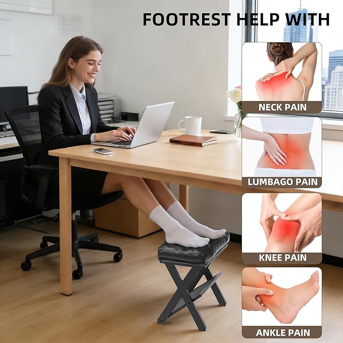 Double Step Foot Rest Under Desk, Wooden Desk Foot Rest with Non-Slip EVA Stepping Surface, Ergonomic Under Desk Foot Stool, Enhances Posture, Office Home Work-Black