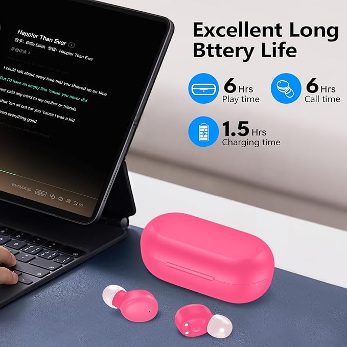 kurdene Wireless Earbuds Bluetooth 5.3 in Ear Buds Light-Weight Headphones,Deep Bass Sound,Built-in Mics Headset,Clear Calls Earphones for Sports Workout Hot Pink
