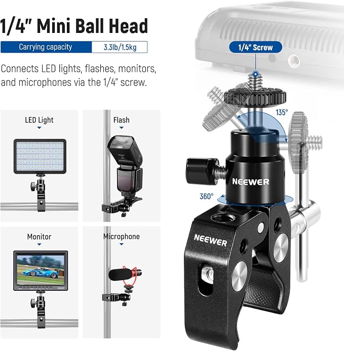 NEEWER Mini Articulated Ball Head with Crab Clip Mic Holder with 1/4" to 5/8" Thread, Compatible with SmallRig Camera Cage and Microphones, Support up to 3.3 lbs - Image 4