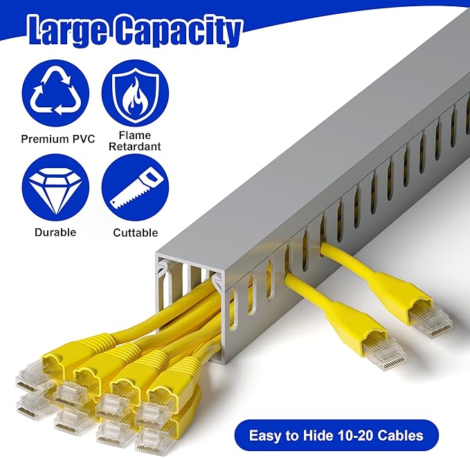 ZhiYo H1.6in W1.2in Professional Server Rack Cable Management Raceway, 99in (6X L16.5in) Cable Raceway Kit, Electrically Safe PVC Open Slot Wire Raceway for Under Desk/Computer/Network Cords, Grey - Image 3