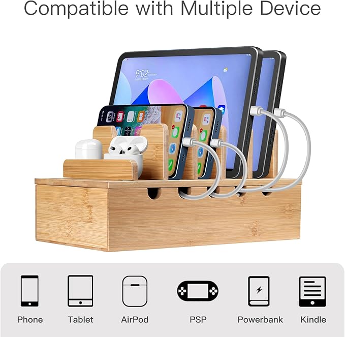 Bamboo Charging Station for Multiple Devices, Cell Phone Docking Charging Station Organizer, Nightstand Bedside Desk Device Charger Organizer for Laptop, Tablets and iPads