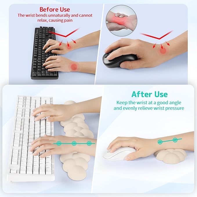 Sushret Cloud Wrist Rest for Keyboard and Mouse, Memory Foam PU Leather Keyboard Wrist Rest with Ergonomic Support, Non-Slip Base, Cute Arm Rest Pad & Palm Cushion, Office Desk Accessory, Beige