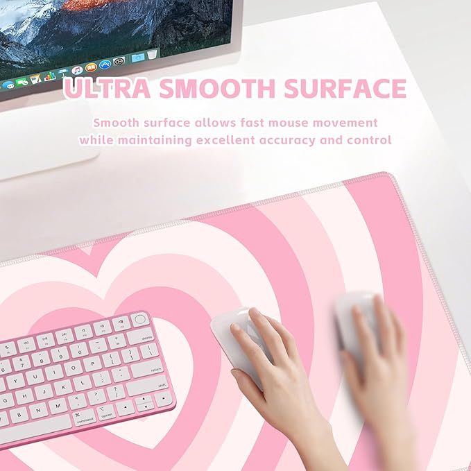 Baziabbo Pink Desk Mat,XXL Extended Large Mouse Pad,Gaming Mousepad with Stitched Edge,Non-Slip Rubber Base Keyboard Desk Pad for Home Office Study Game (Pink Heart)