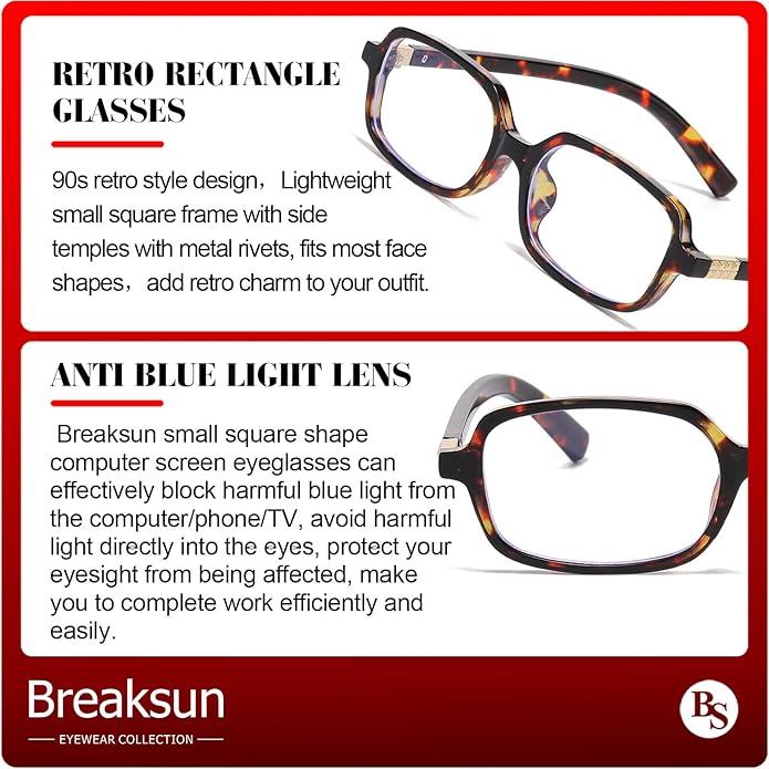 Breaksun Retro Rectangle Glasses for Women Men Small Square Blue Light Blocking Glasses Vintage Eyeglasses
