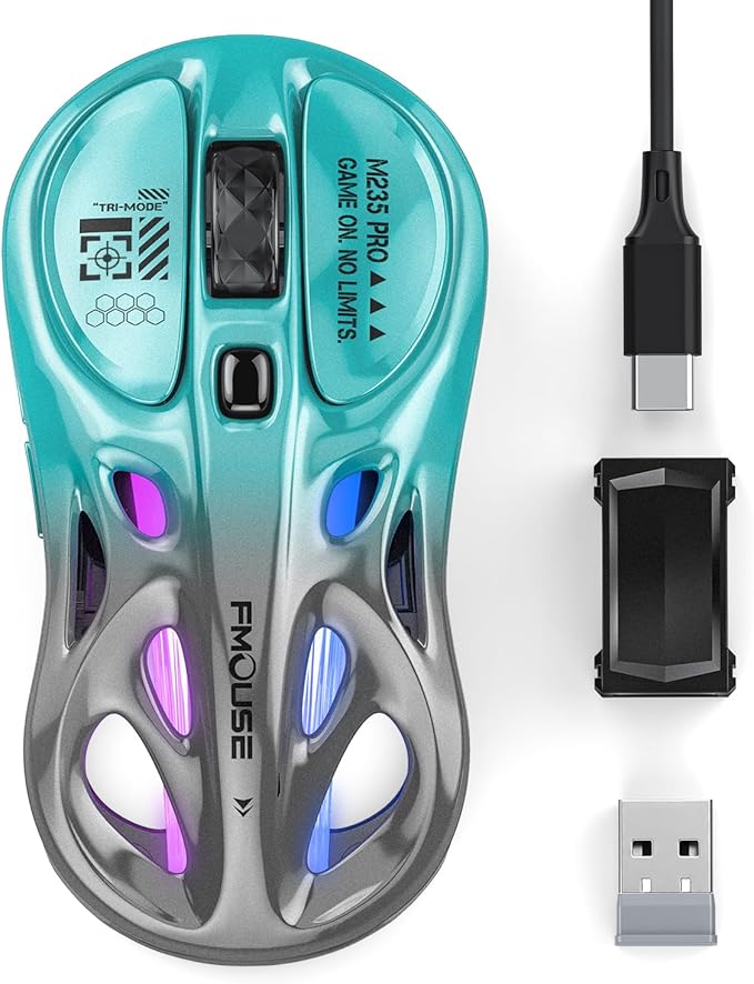 Tri-Mode Wireless Mouse (2.4G/Bluetooth/Wired), 4800 DPI, Macro Programming, RGB, Rechargeable Type-C for Mac/Laptop/iPad (Gaming Focus) - Turquoise & Gray Gradient