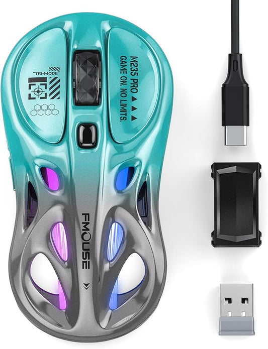 Tri-Mode Wireless Mouse (2.4G/Bluetooth/Wired), 4800 DPI, Macro Programming, RGB, Rechargeable Type-C for Mac/Laptop/iPad (Gaming Focus) - Turquoise & Gray Gradient