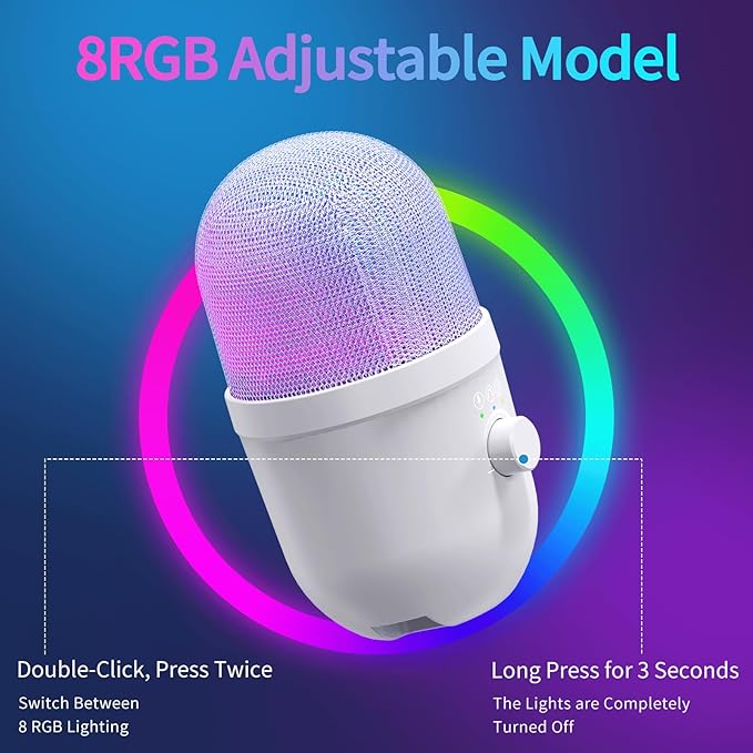 USB Gaming Condenser Microphone for PC/Desktop,192kHz/24Bit,Noise Cancellation,Monitoring,Quick Mute & RGB Lighting,USB PC Mic for Laptop,Podcast,Streaming,Recording White