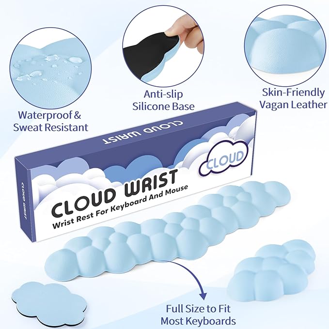 Sushret Cloud Wrist Rest for Keyboard and Mouse, Memory Foam PU Leather Keyboard Wrist Rest with Ergonomic Support, Non-Slip Base, Cute Arm Rest Pad & Palm Cushion, Office Desk Accessory, Blue