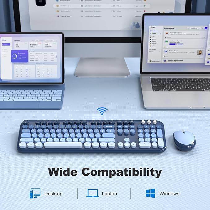 Wireless Keyboard and Mouse Combo, Typewriter Full Size Keyboard with Number Pad, Ergonomic Design for Windows PC Computer Laptop Desktop, Home and Office Use -Blue