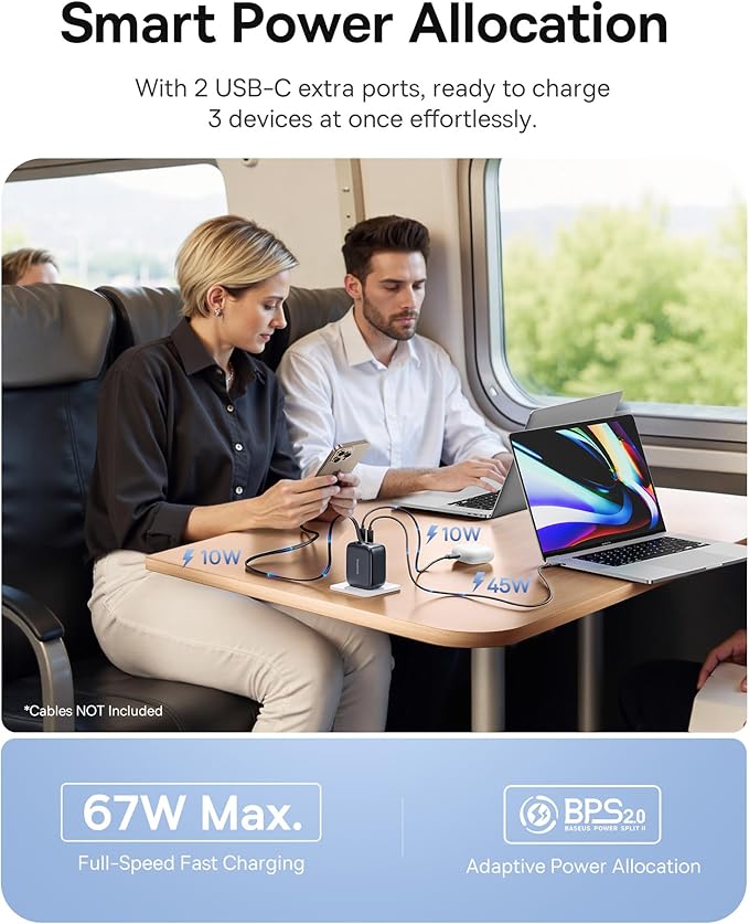 Baseus Portable Charger with Built in Cable, 100W Laptop Power Bank 20000mAh Bundle with Enercore CJ11 Retractable USB C Charger, 67W 3 in 1 Fast Charging Block with Foldable Plug