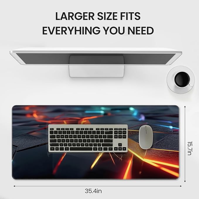 Large Gaming Mouse Pad, Abstract Geometric Orange and Blue Pattern, Extended 35.4 x 15.7 Inches, Non-Slip Rubber Base, Stitched Edges, XXL Desk Mat