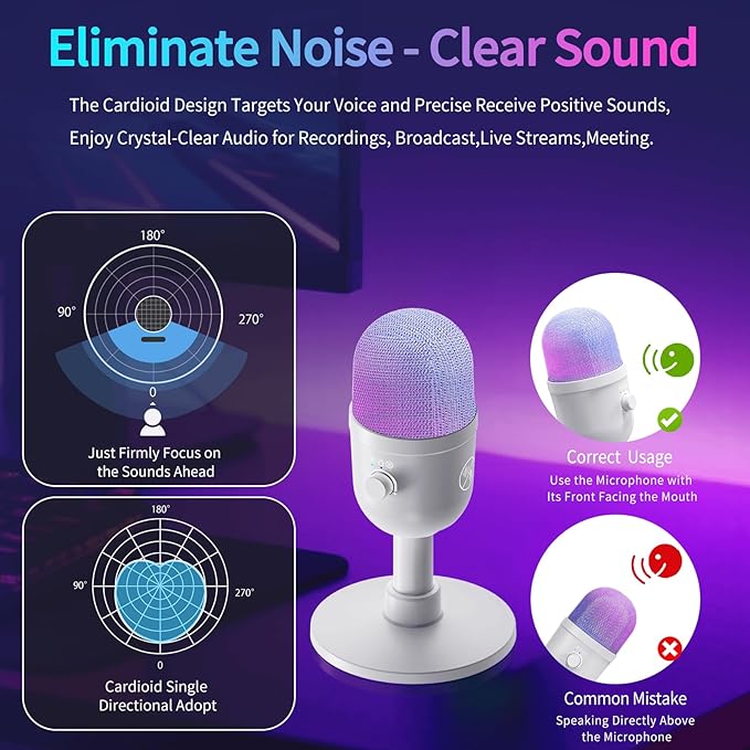 USB Gaming Condenser Microphone for PC/Desktop,192kHz/24Bit,Noise Cancellation,Monitoring,Quick Mute & RGB Lighting,USB PC Mic for Laptop,Podcast,Streaming,Recording White