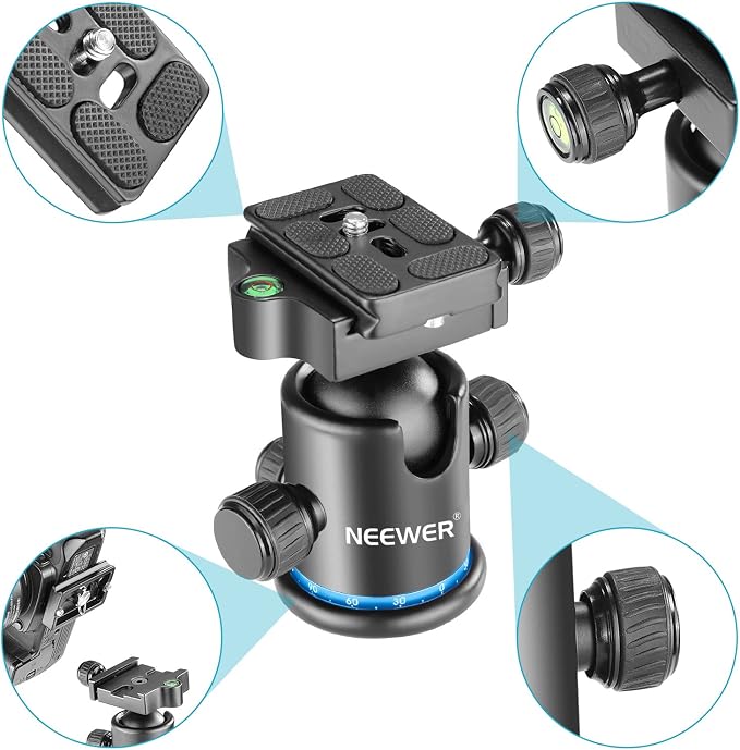 NEEWER 36MM Tripod Ball Head 360° Panoramic Metal with Arca Type Quick Release Plate, 1/4" Screw 3/8" Thread Mount, Max Load 17.6lb/8kg, Tripod Head for Monopod, Slider, DSLR Camera, Camcorder (Blue) - Image 2