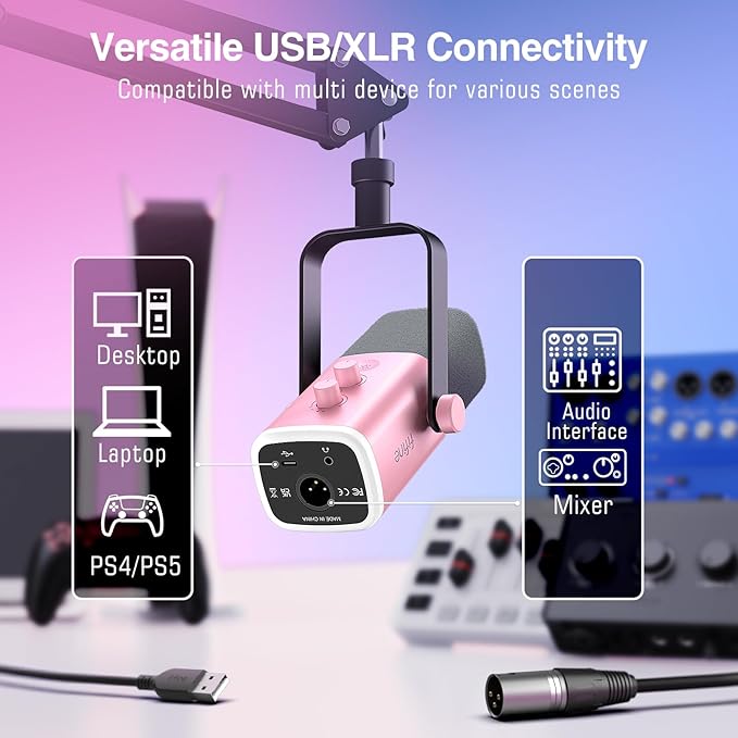 FIFINE XLR Gaming Microphone USB, PC Dynamic Microphone Kit for Vocal, Recording, Podcast, Streaming RGB Mic with Headphone Jack, Mute Button, Boom Arm Stand for Computer/Mixer-AmpliGame AM8T Pink