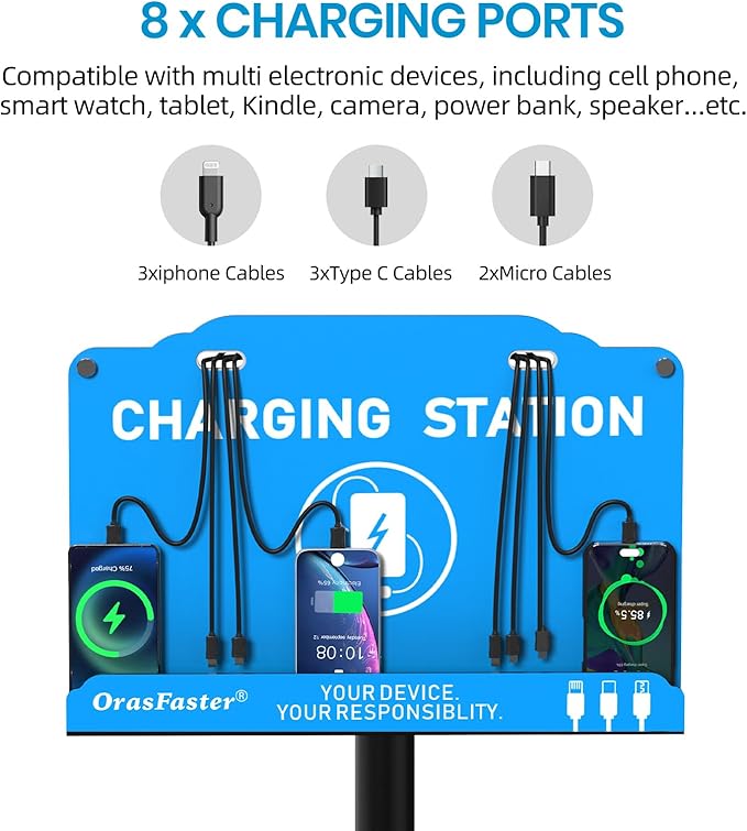 Floor Standing Cell Phone Charging Station Multi-Device Station with 8 Charger Ports Compatible with Smartphones Tablets Application for Schools, Office, Shopping Malls
