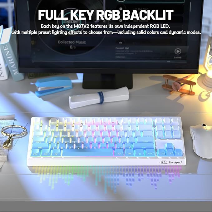 M87V2 87 Keys Membrane Gaming Wireless Keyboard,80% TKL Layout Side Printed Keys Retro Cute Creamy,RGB Backlit 4000mAh 2.4G/BT/Wired Computer Silent Keyboard for MAC PC- Gradient Blue