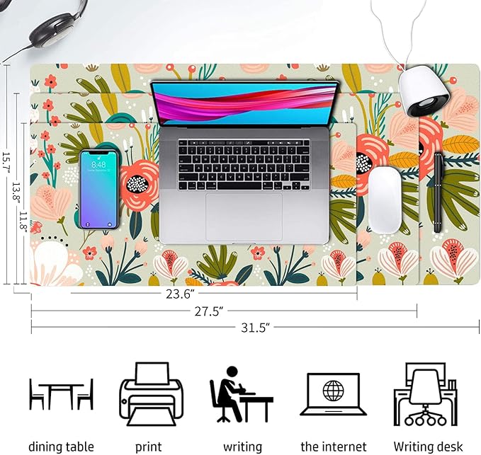 Desk Mat Large Protector Pad 31.5" ×15.7", Non-Slip PU Leather Desk Blotter, Waterproof Mouse Pad for Office Home Green Floral