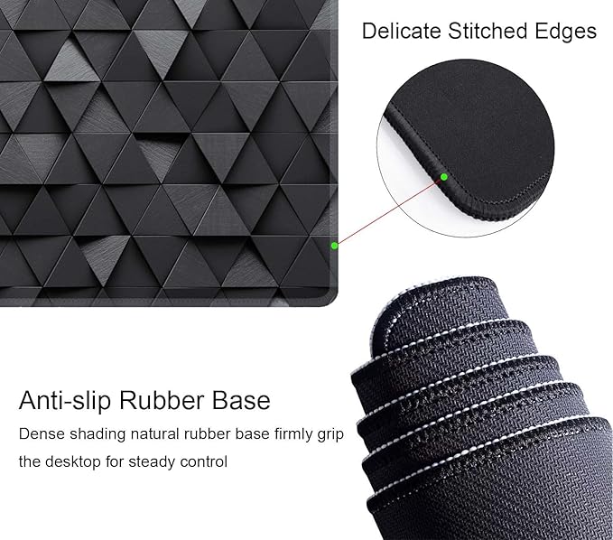Gaming Mouse Pad, Large Mouse Pads for Desk, Non-Slip Rubber Base Mousepad, Keyboard Mouse Mat, Desk Pad with Stitched Edges, 31.5x11.8inch, Black Grey Triangular Abstract
