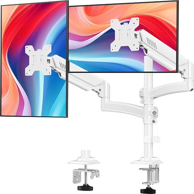 Dual Monitor Stand for 2 Screens up to 32 inch, Vertical Stacked Dual Monitor Mount, Full Motion Adjustable Tall Double Monitor Desk Mount, Each Arm Holds 4.4-22lbs, VESA 75/100mm, White, Freelift