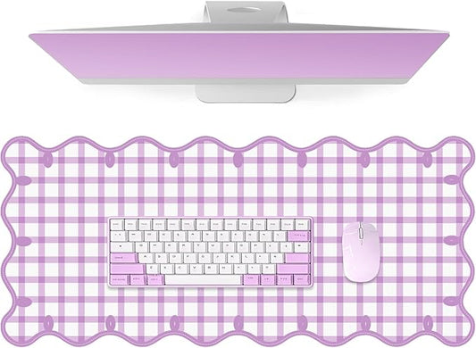 Leather Desk Pad, Desk Mat Mouse Pad, Non-Slip Mousepad Waterproof PU Table Cover Blotter for Computer Laptop Extra Large Keyboard Mat for Women Girl Office Home Dorm,Pink Scalloped Checkered