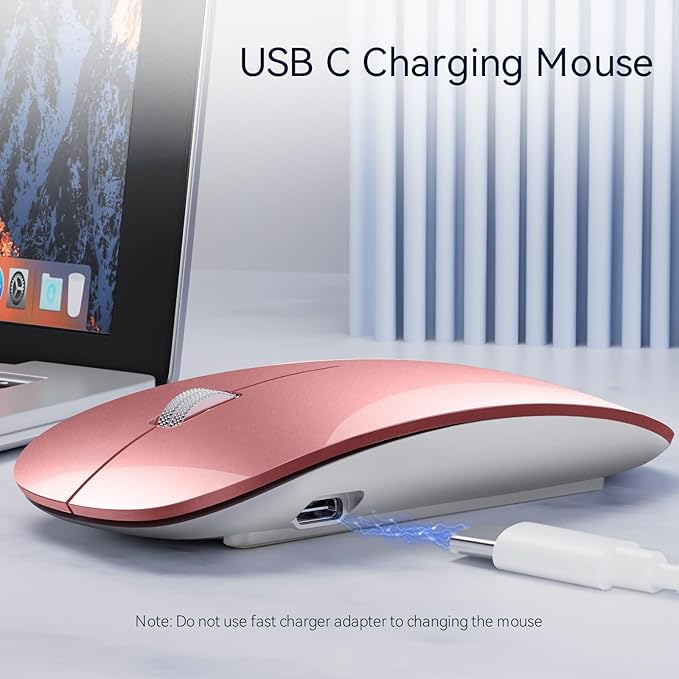 Uiosmuph G11 Wireless Mouse, USB C Rechargeable Computer Mouse, Slim Silent Mice 2.4GHz Optical with USB Nano Receiver and Type C Receiver for Laptop/Mac/PC - Rose Gold