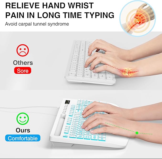 SABLUTE K21Pro Large Print Backlit Computer Keyboards, Wired Lighted USB Keyboards with 7-Color Backlit, Wrist Rest, Phone Holder, Easy to Read and Type for Laptop, PC, Windows, Desktop (White)