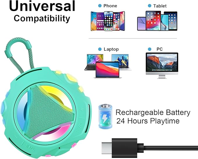Portable Bluetooth Speaker, IPX7 Waterproof Shower Speaker, Wireless Outdoor Speakers, Floating, Built-in Mic, 24H Playtime with LED Lights, Loud HD Sound, Powerful Bass, Gifts for Unisex - Sky Blue