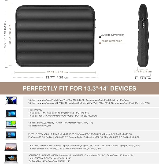 MoKo 13-14 Inch Puffy Laptop Sleeve, Laptop Carrying Bag Fit with New Mac Neo A18 Pro, Mac Pro M5 14" 2026, Mac Air 13.6/13.3, iPad Pro 12.9/13, Notebook Laptop Travel Bag, Black